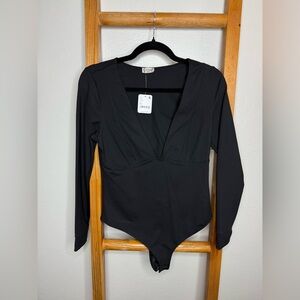 Free People Black Plunge V Neck Long Sleeve Bodysuit